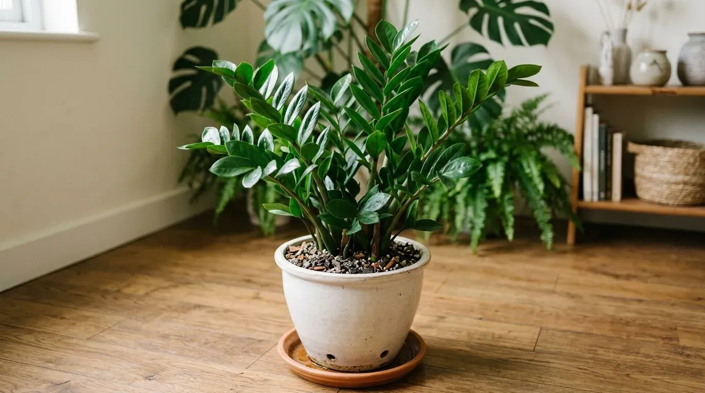 Zamioculca posicionada em ambiente interno com luz difusa.