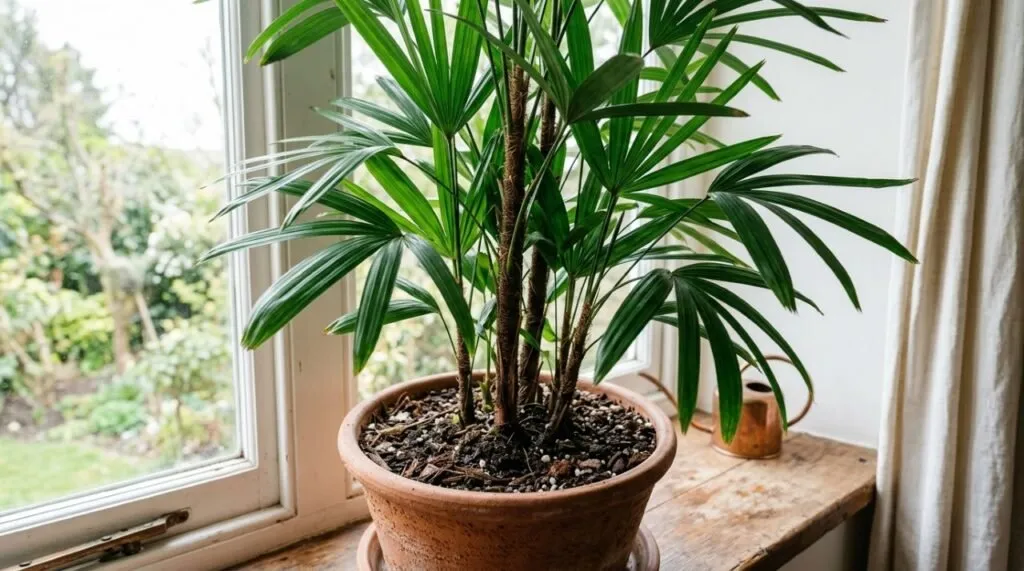 Palmeira Ráfia em vaso próximo a janela recebendo luz.