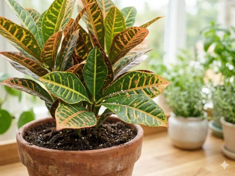Folhas de croton em vaso de barro exibindo texturas e cores, permitindo identificar sinais de saúde ou necessidade de ajuste.