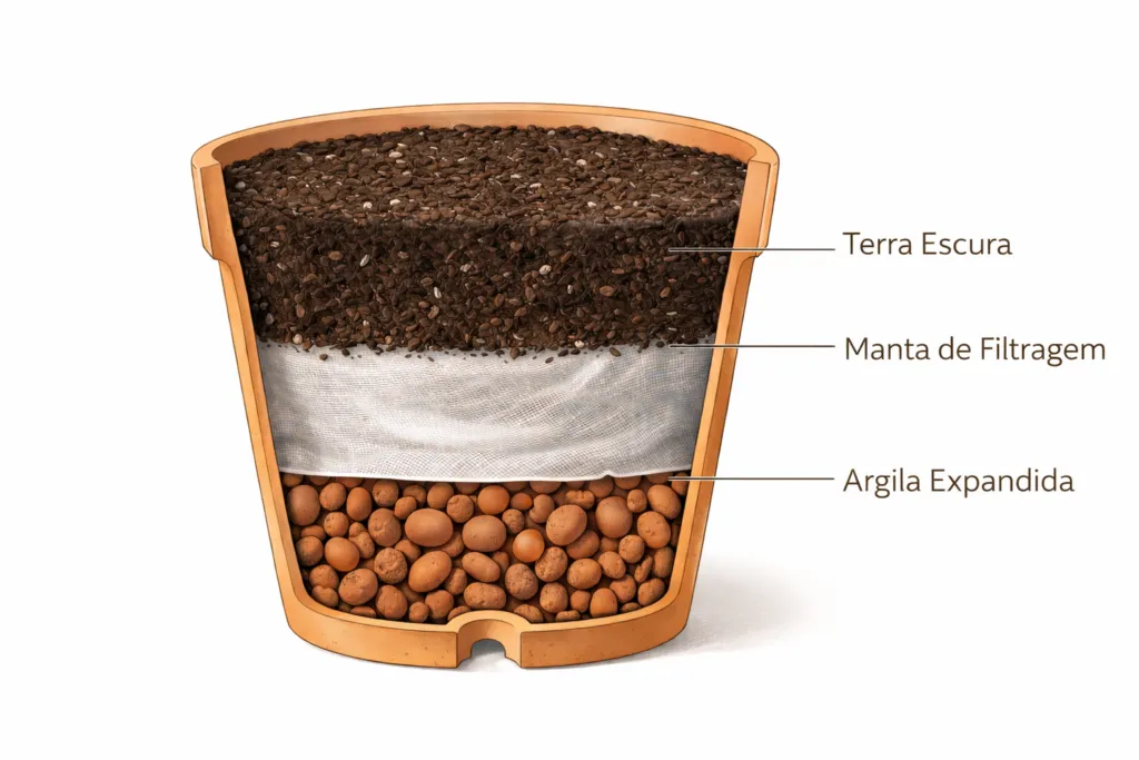 Infográfico mostrando o corte transversal de um vaso com uma camada de agregado no fundo separada por manta, o método tradicionalmente ensinado.