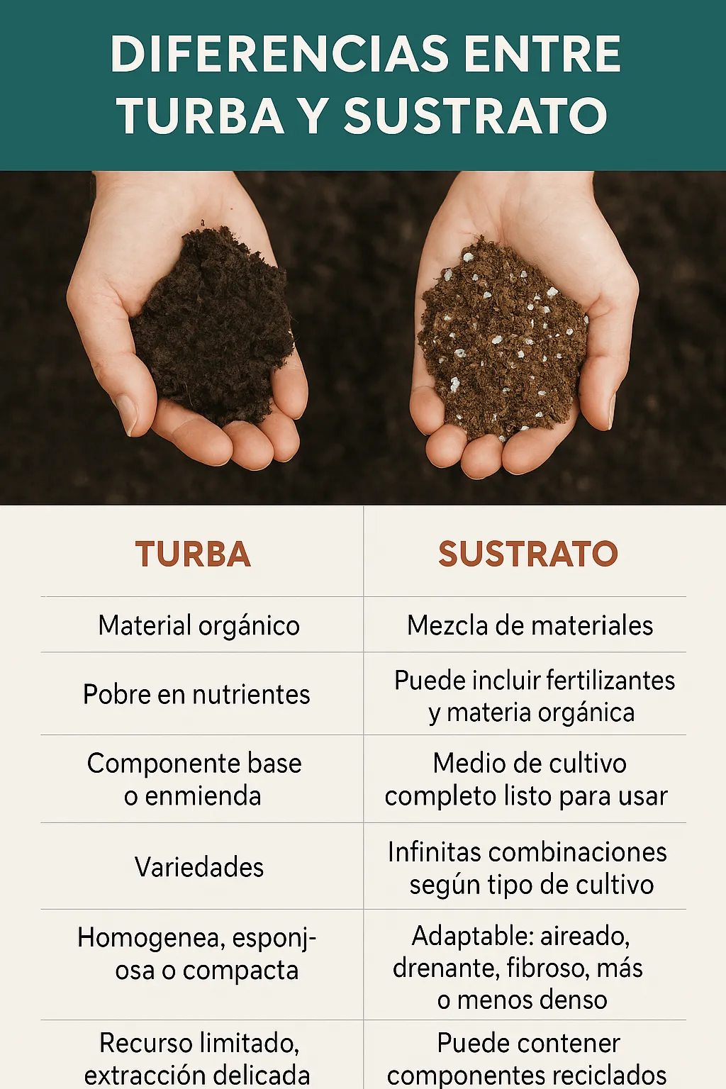 Mãos segurando amostras de turfa e substrato leve