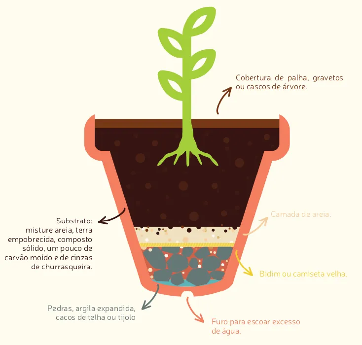 Esquema de camadas de drenagem no fundo do vaso