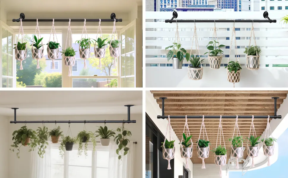 Plantas penduradas em ganchos de metal fixados no teto de uma varanda.