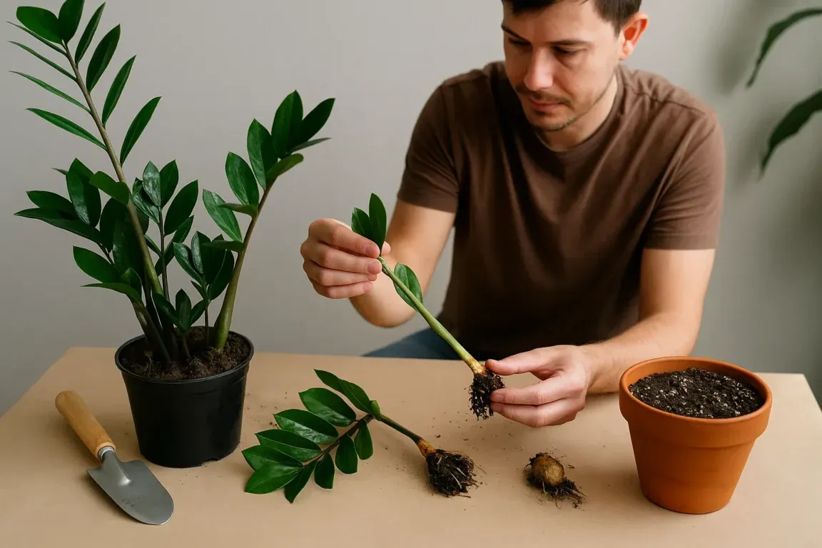 Mãos dividindo os rizomas de uma planta zamioculca para fazer mudas.
