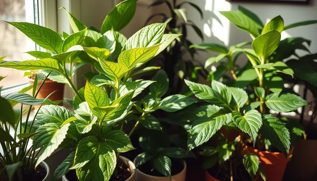 Folhas de plantas em vasos recebendo sol direto perto da janela