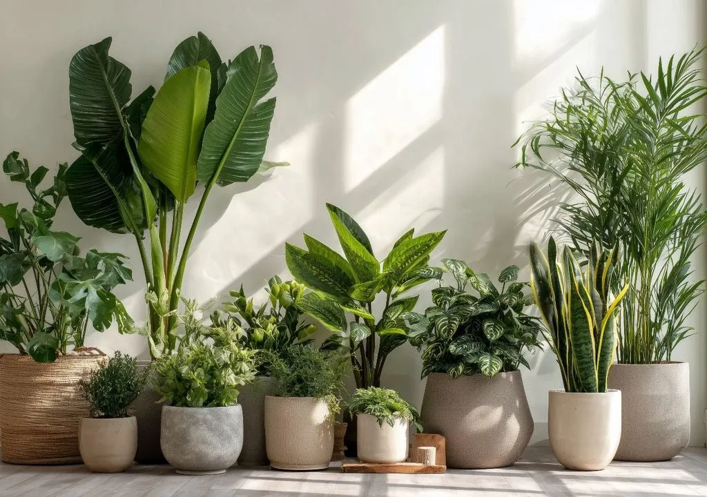 Coleção de plantas de sombra adaptadas ao ambiente interno.