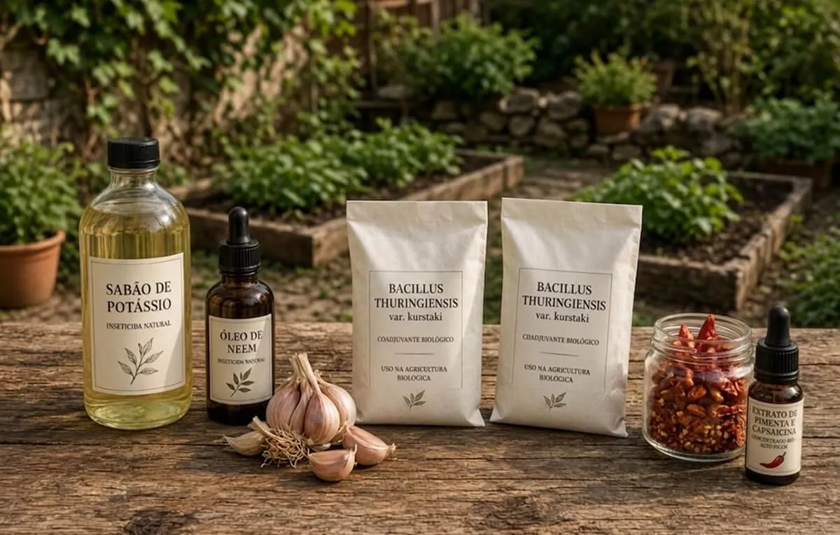 Ingredientes e frascos de produtos para preparar inseticida natural